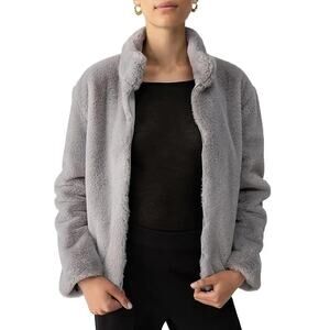 Sanctuary Womens Lux Faux Fur Short Coat Large Light Grey NWT